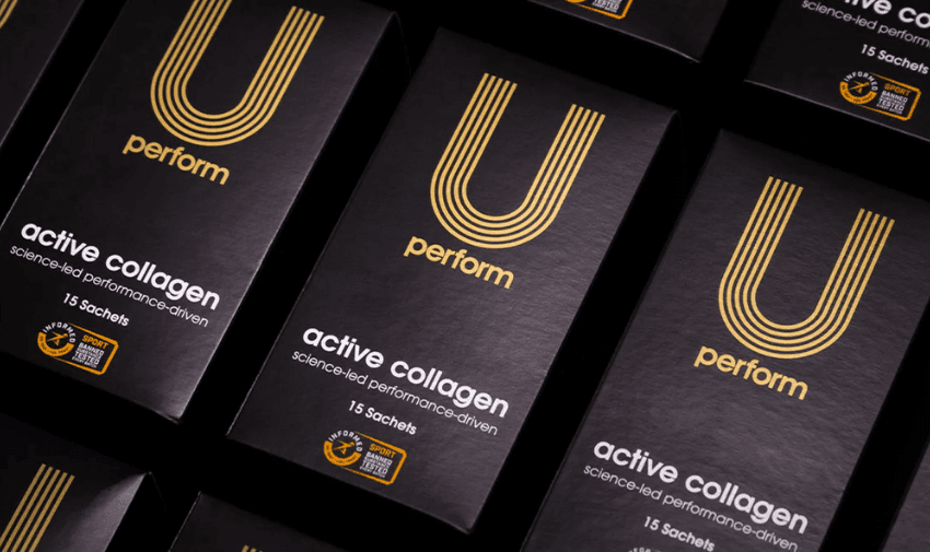 A collection of sleek black and gold U-Perform Active Collagen supplement boxes, designed for performance-driven health support.