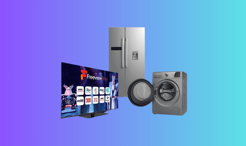 Image showcasing home appliances including a smart TV with Freeview, a silver refrigerator, and a washing machine, against a gradient blue-to-purple background