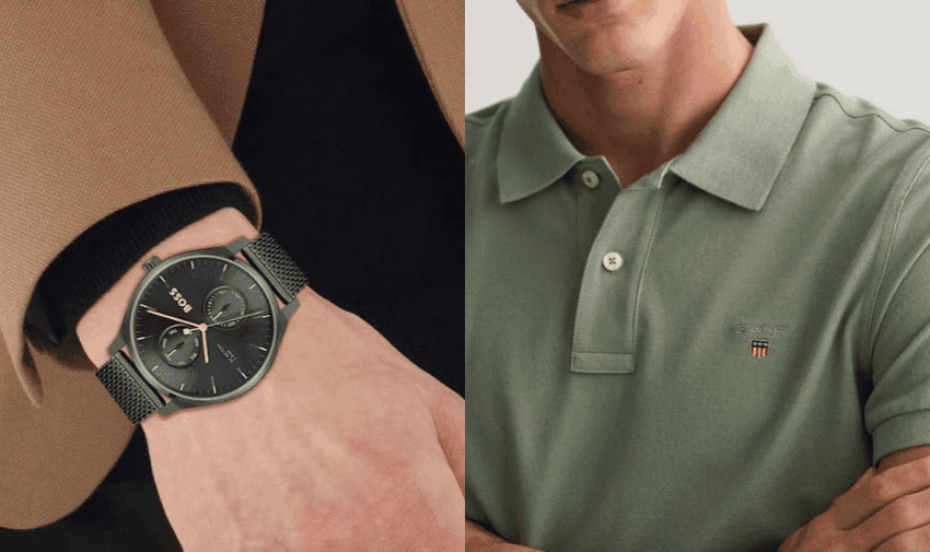 Close-up of a person's wrist wearing a black Hugo Boss watch and a partial view of another person wearing a light green GANT polo shirt. The focus showcases the watch and the shirt details.