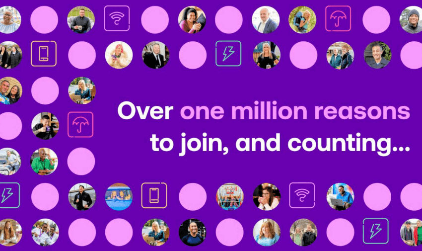 A vibrant image with a purple background featuring various circular photos of different people, each alongside icons such as a lightning bolt, a Wi-Fi signal, and a cell phone. Text in the centre reads, "Over one million reasons to join, and counting...