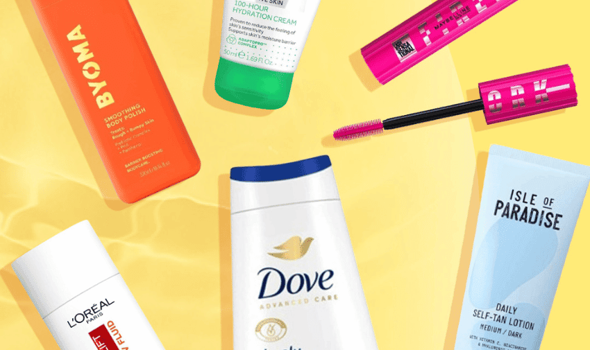 A selection of branded products for skin care and make up are shown on a yellow background