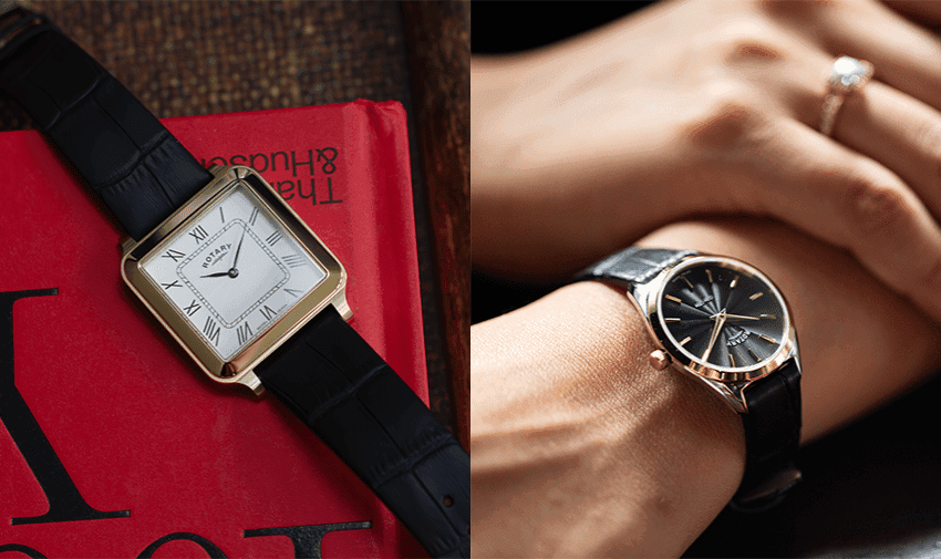 Half of the image shows a woman wearing a ladies' rotary watch, with her other hand resting on top of her arm, adorned with a diamond ring. The other half displays a gold rotary watch lying on a red book.