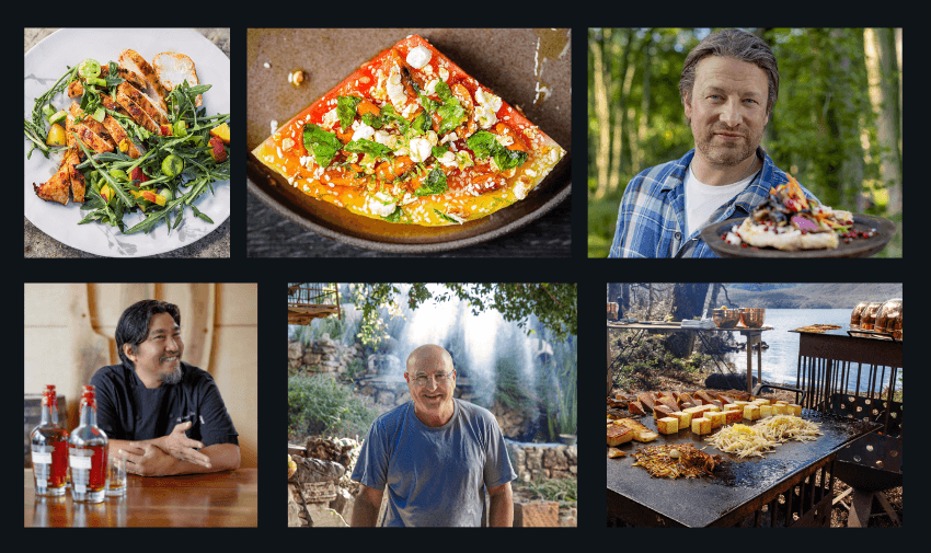 A collage featuring gourmet dishes, renowned chefs like Jamie Oliver, and outdoor cooking setups. Highlights food subscription discounts for disabled people to help them in the home.