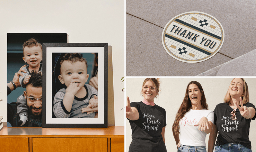 The image is divided into three sections highlighting Vistaprint products. On the left, two photo frames display a man and a baby. On the top right, there's a circular "Thank You" sticker on a beige envelope. Below it, three women wearing "Bride Squad" and "Bride" T-shirts are smiling and posing.