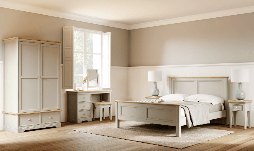 Cosy cream and wood bedroom furniture set with a wardrobe, desk, and bed, ideal for creating a serene home environment. Explore home furnishing discounts on Purpl for disabled users in the UK