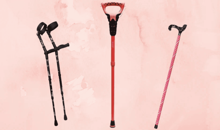 Three fashionable mobility aids from Glamsticks, including black crutches, a coral walking stick, and a pink candy-striped cane, displayed on a pink background. Highlighting Purpl's exclusive disabled discounts for stylish and customisable mobility aids in the UK.