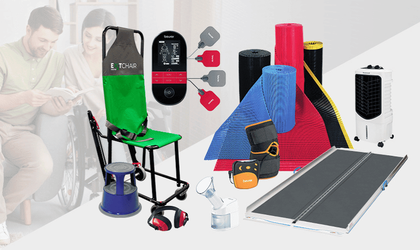  A variety of accessible living aids and medical equipment, including a green evacuation chair, blood pressure monitor, grabbers, anti-slip mats, ramps, hearing protection, orthopaedic supports, pill crusher, and a portable air cooler. Two people are partially visible in the background, one using a wheelchair.