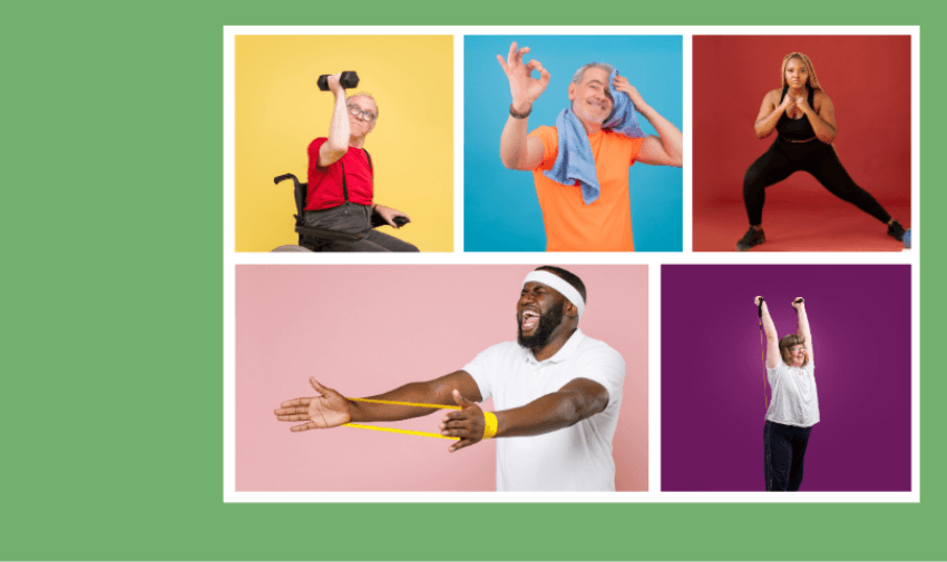 A collage of diverse people exercising. Individuals of different ages and body types lift weights, stretch, and pose, set against bright backgrounds for an inclusive, energetic feel.