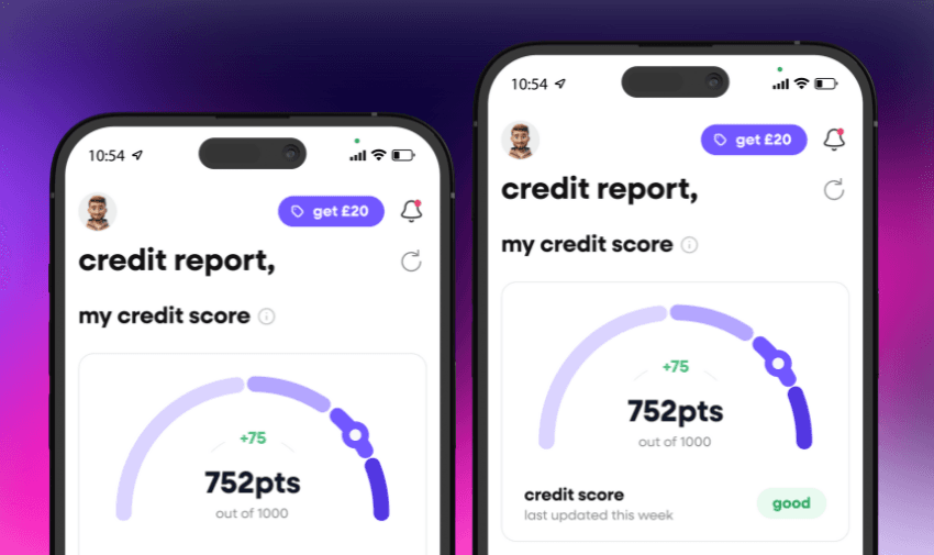 Two smartphone screens display a credit report app. Both show a credit score of 752 points out of 1000 with the label "good." The left screen shows a larger gauge, and the right one provides the recent update with a green "good" indicator.