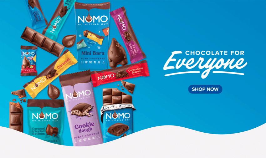 Selection of NOMO chocolate bars on a blue background with the text ‘Chocolate for Everyone Shop Now’