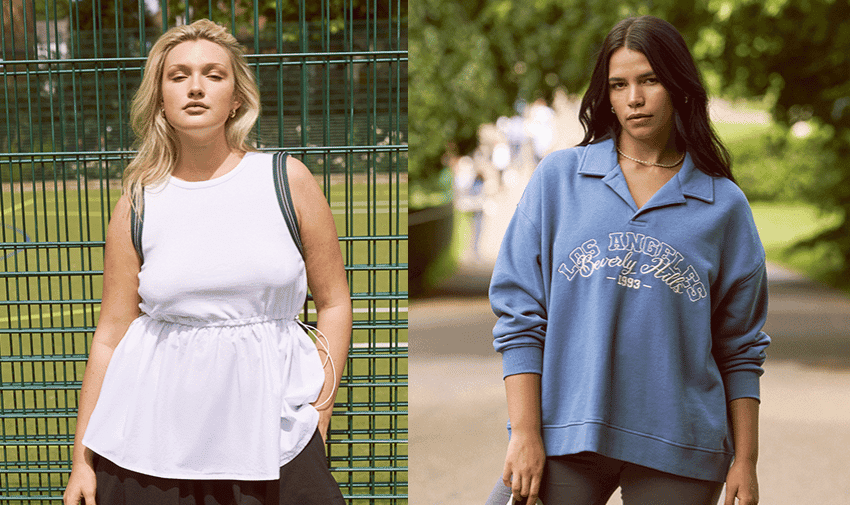 Side-by-side photos of two women. The woman on the left has blonde hair and wears a white sleeveless top with a gathered waist. The woman on the right has dark hair and wears a blue sweatshirt with "Los Angeles" and "1993" printed on it. They are outdoors.