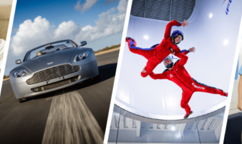 A collection of exciting activity experiences including driving Aston Martins, indoor skydiving, and pampering spa days with Activity Superstore.