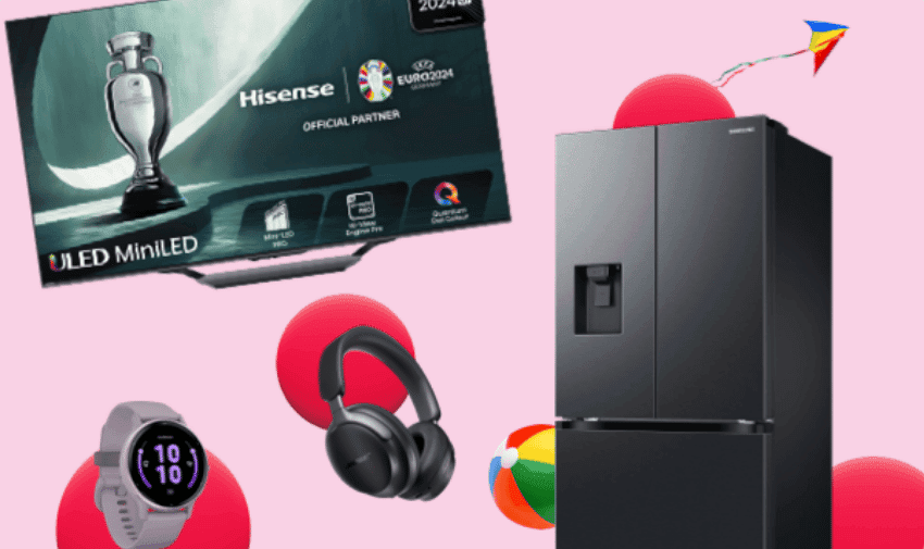 A promotional graphic featuring a Hisense ULED MiniLED TV, a large Hisense black refrigerator-freezer, a smart wristwatch, a set of black over-ear headphones on a pink background.