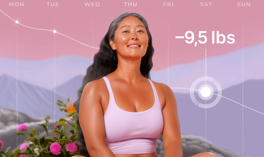 A smiling woman in activewear against a scenic backdrop, with a weight loss progress graph showing "–9.5 lbs" over the week. Celebrates health achievements and personal well-being, aligned with Purpl’s support for inclusive self-care and wellness offers.