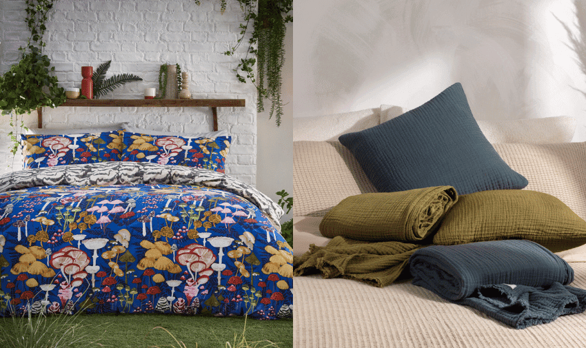 Left: A bed with a vibrant, nature-themed duvet featuring mushrooms, leaves, and animals against a white brick wall with plants hanging above. Right: Beige bed with neatly folded green and teal textured blankets and cushions in neutral colours.