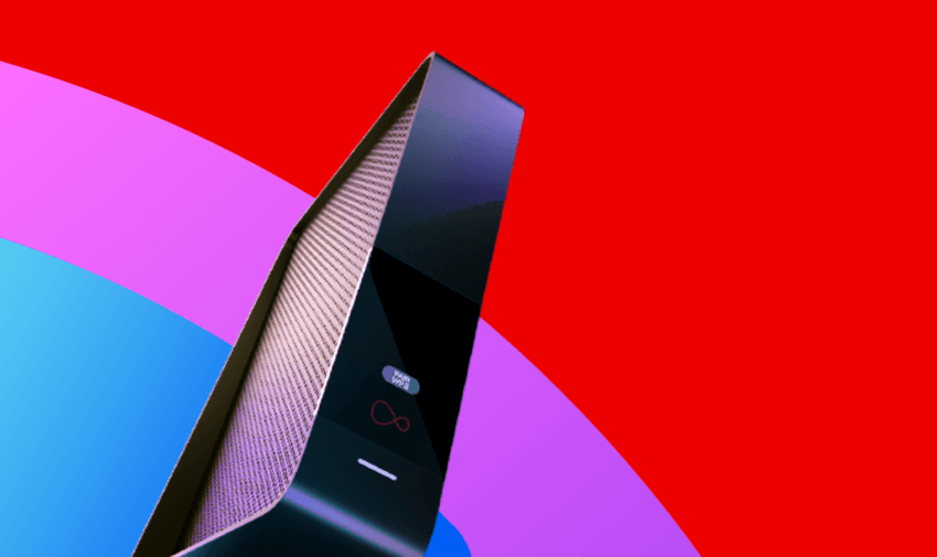 A sleek Virgin Media WiFi router displayed with vibrant colourful gradients in the background, representing high-speed broadband. A reliable service for Purpl disabled discounts in tech and connectivity.