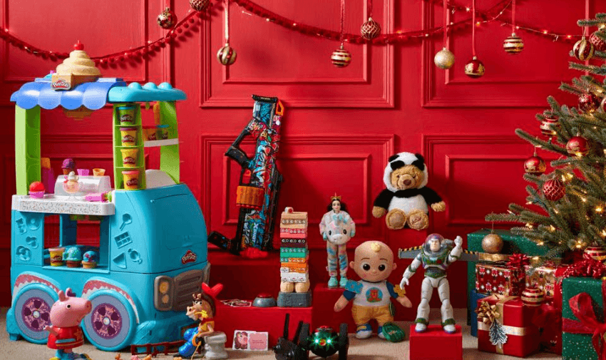 selection of toys with a christmas background