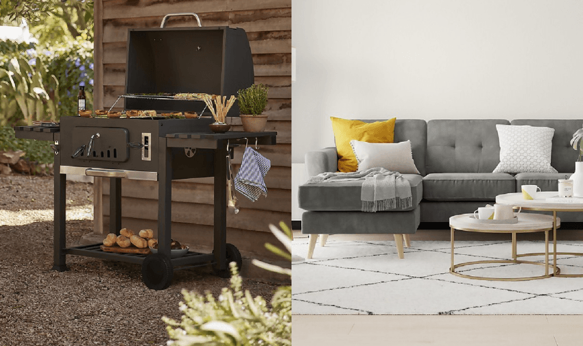 Split image showcasing two scenes: On the left, a black outdoor grill with food items and utensils set up outside a wooden shed. On the right, a modern living room with a grey sofa adorned with pillows and a throw blanket, a white table, and a patterned rug.