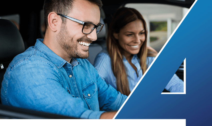 Smiling couple sitting in a car, symbolising confidence and protection with Click4Gap insurance, tailored for Purpl members seeking vehicle coverage.