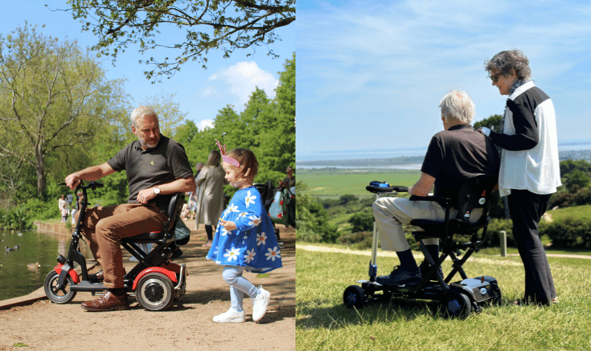 Left image: An older man in a wheelchair smiles at a young girl who is smiling back and holding a flower in a park. Right image: An older man in a wheelchair enjoys a scenic view with a woman standing beside him on a sunny day.