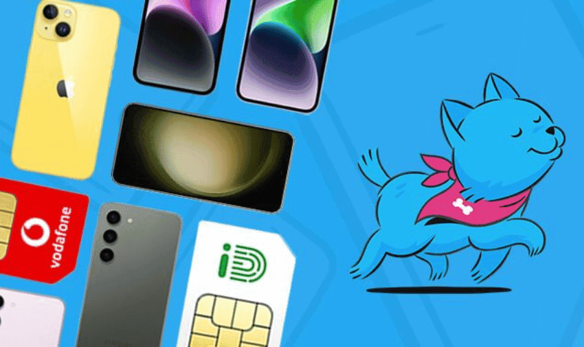 A selection of mobiles and sim cards on a blue background with a graphic of a blue cartoon cat wearing a red bandana with a white bone on it.