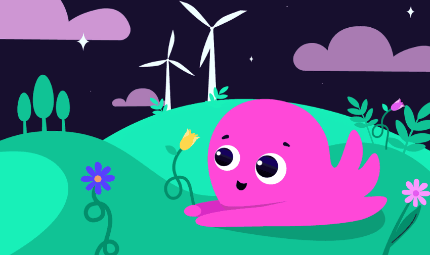 Octopus Energy's friendly pink octopus relaxing on a green hill with flowers and wind turbines in the background, symbolising renewable energy and eco-friendly living. Great energy savings for Purpl's disabled members.