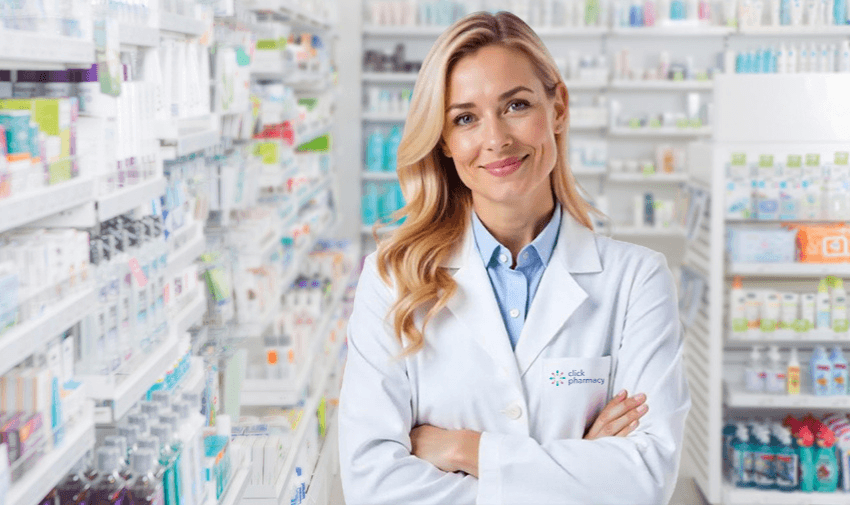 A friendly pharmacist in a white coat standing in a well-stocked pharmacy, representing Click Pharmacy’s trusted online prescription and healthcare services. Purpl disabled discounts offer savings on essential medications and health products.