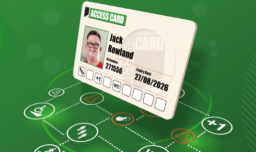 A digital representation of an access card is displayed on a green background with various icons. The card features a photo, the name "Jack Rowland," ID number "271556," and expiry date "27/08/2026." The background includes icons for accessibility, medical, and utilities.