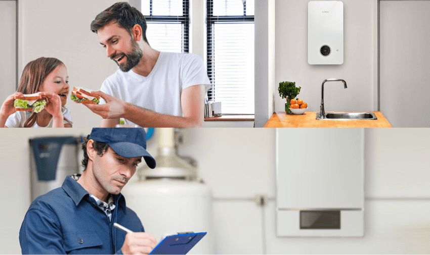 A man and a child enjoy a snack in a kitchen with a modern water heater on the wall. Below, a technician in a blue uniform checks a clipboard in front of another water heater.