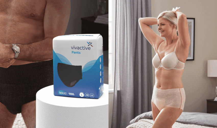 Two images side-by-side. Left: A man in black underwear standing beside a package of 'Vivactive Pants.' Right: A woman in beige underwear and a bra, smiling and raising her arms in front of a bed and window. Both appear to be in a bedroom setting.