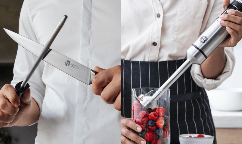 A split image showcasing two MasterChef kitchen essentials – on the left, a chef sharpens a knife with a honing steel, and on the right, a cook blends fresh berries using a sleek stainless steel immersion blender. Accessible Kitchen Tools for Disabled Cooks.