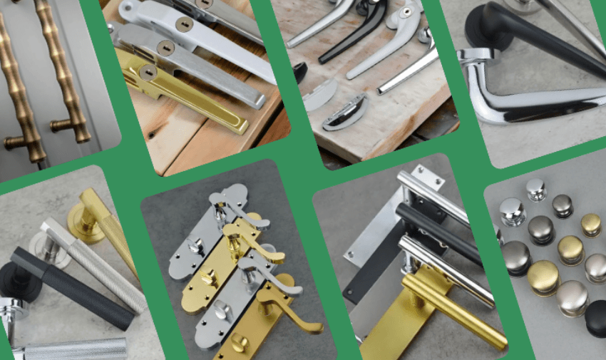 A collage of stylish door handles and knobs in various finishes, including brass, chrome, and matte black. Highlights Home Improvement Discounts and Adaptive Equipment Offers for Disabled Cardholders.