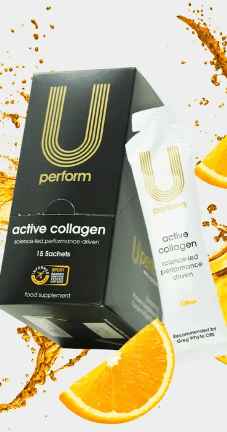 U-Perform Active Collagen sachets in citrus flavour, displayed with fresh orange slices and an energy-boosting splash effect.