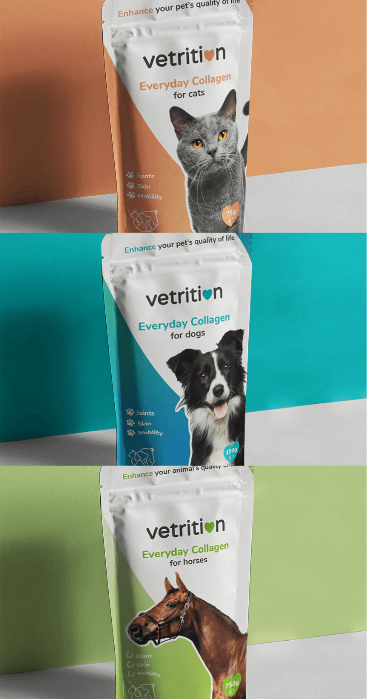 Three packs of Vetrition Everyday Collagen supplements for dogs, cats, and horses displayed against colourful backgrounds. Joint, skin, and mobility support for pets. Mobility discounts and offers for disabled people on pet supplements UK.