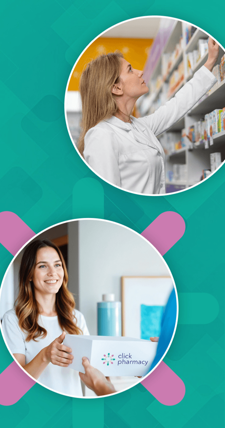 A modern, teal-themed promotional image for Click Pharmacy, featuring a pharmacist selecting products from shelves and a customer receiving a delivery. Purpl disabled discounts help reduce costs on prescriptions and online pharmacy services.