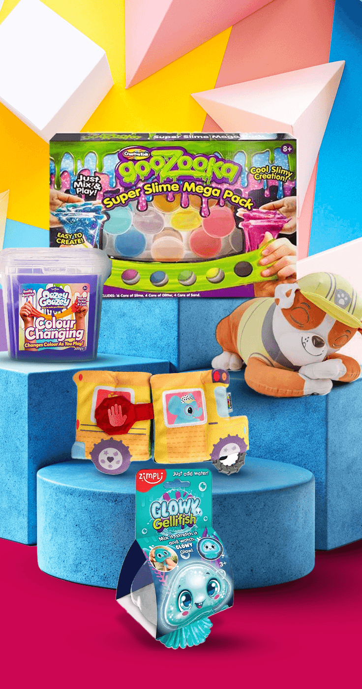 A vibrant display of colourful toys on blue platforms. Features a GooZooka Super Slime Mega Pack, a pink Colour Changing Slime bucket, a plush construction vehicle, and a Zimpli Kids Glow in the Dark Gelli Baff. Geometric shapes in the background.