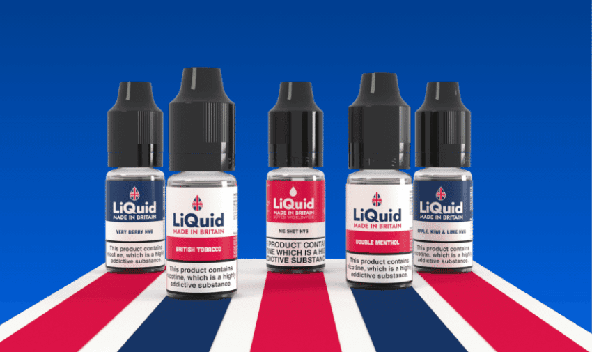 Five bottles of e-liquid are displayed against a blue background with red and white stripes. The labels read "LiQuid Made in Britain" with various flavors like Very Berry, British Tobacco, Double Menthol, NY4, and Cola & Lime Mix.