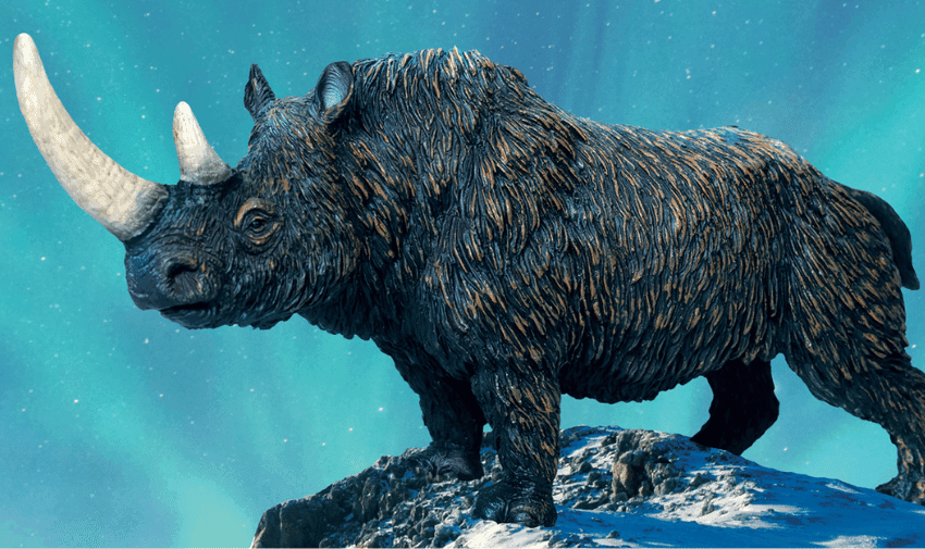 A realistic toy model of a woolly rhinoceros stands on a rocky, snow-covered terrain against a backdrop of an aurora-lit night sky. The rhino has a shaggy, dark brown coat and prominent, curved horns, appearing majestic and robust.