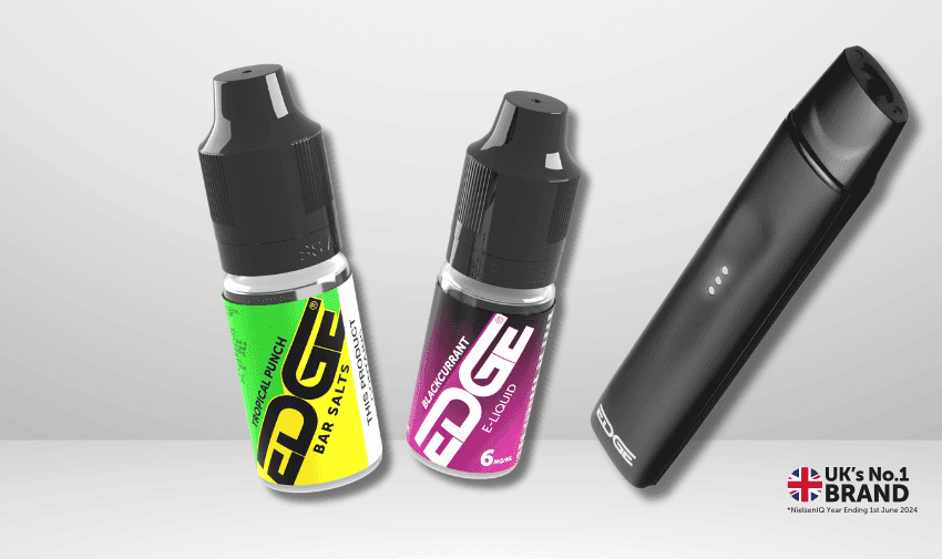 A product display featuring EDGE vape liquids and a black vape device. Two vape liquids are visible: one with a yellow-green label ("Tropical Punch") and another with a magenta label ("Blackcurrant"). The UK’s No.1 Brand logo is in the bottom right corner.