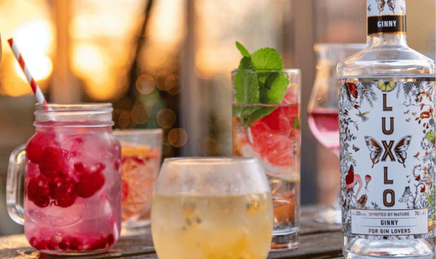Cold summery cocktails arranged on a wooden table outdoors