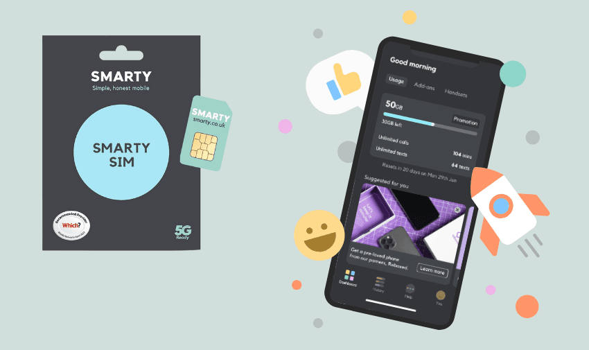 SMARTY SIM packaging next to a smartphone displaying data usage details with playful icons around.