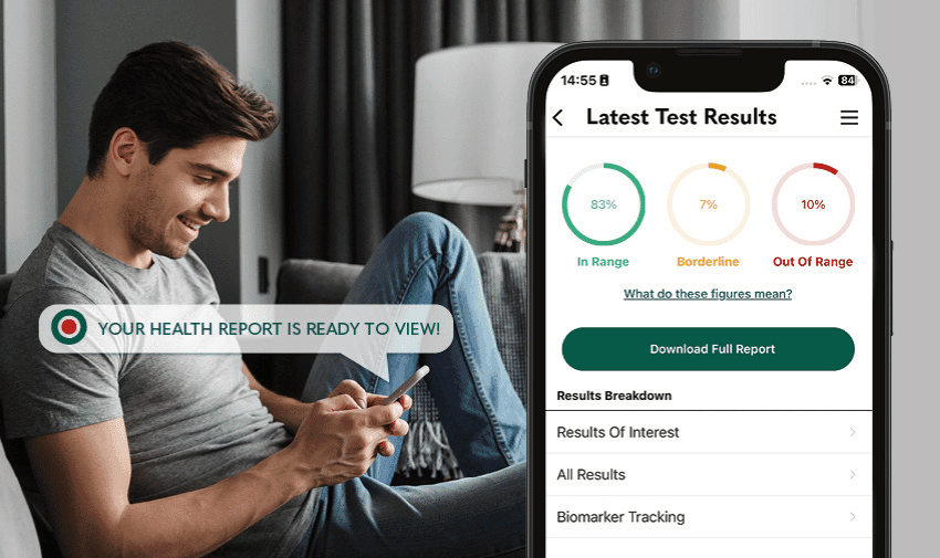 A smiling man with dark hair holds a smartphone and is looking down at the screen. A graphics overlay reads, "Your Health Report is ready to view!" His smartphone screen displays an app showing "Latest Test Results" with percentages in green, yellow, and red zones.