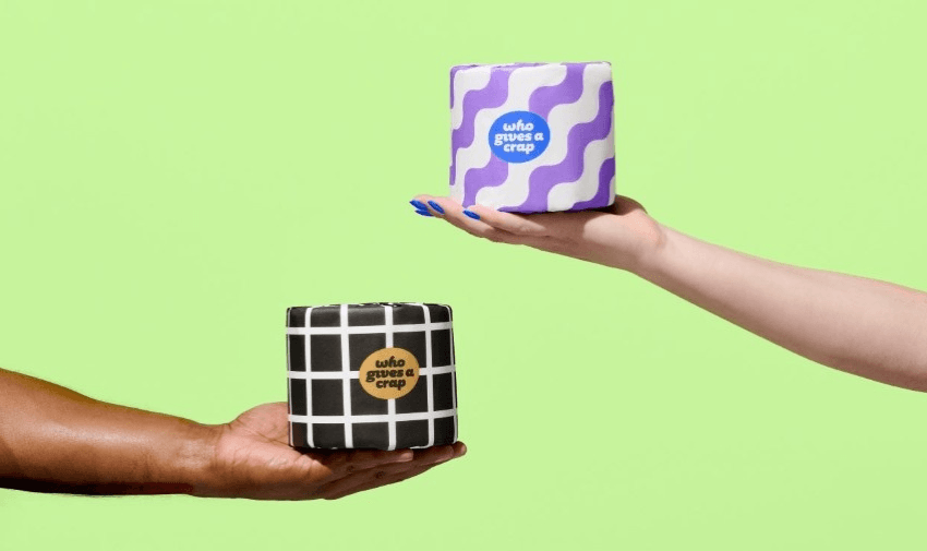 Two hands holding eco-friendly toilet rolls from Who Gives A Crap, featuring playful packaging designs in black and white and purple patterns. Ideal for sustainable living, inclusive household essentials, and ethical discounts for disabled people.