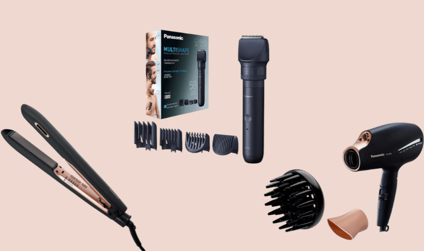 Panasonic hair styling and grooming set including a hair dryer, straightener, and versatile trimmer with accessories, tailored for discounted grooming essentials for Purpl members.