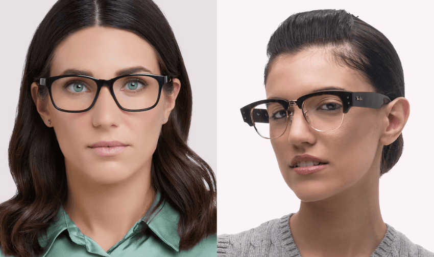 Two women modelling glasses, showcasing professional and trendy eyewear styles. Disabled shopping discounts, optical frame offers for disabled.