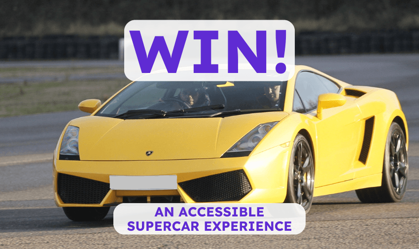 Yellow Supercar with word 'Win' and 'An Accessible Supercar Experience'