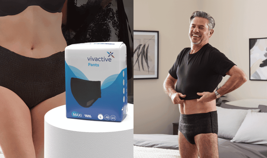 Split image: On the left, a close-up of a woman modeling black incontinence underwear next to a product box labeled "Vivactive Pants." On the right, a smiling older man in a bedroom adjusting his black incontinence underwear while wearing a black t-shirt.