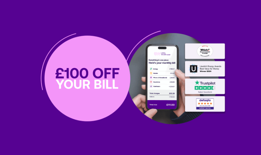 Utility Warehouse offers a £100 discount on your bill. A smartphone displays a detailed bill breakdown, surrounded by trust and award badges. Save money on essential home services with cashback rewards. Disabled discounts on energy, broadband, and mobile services.