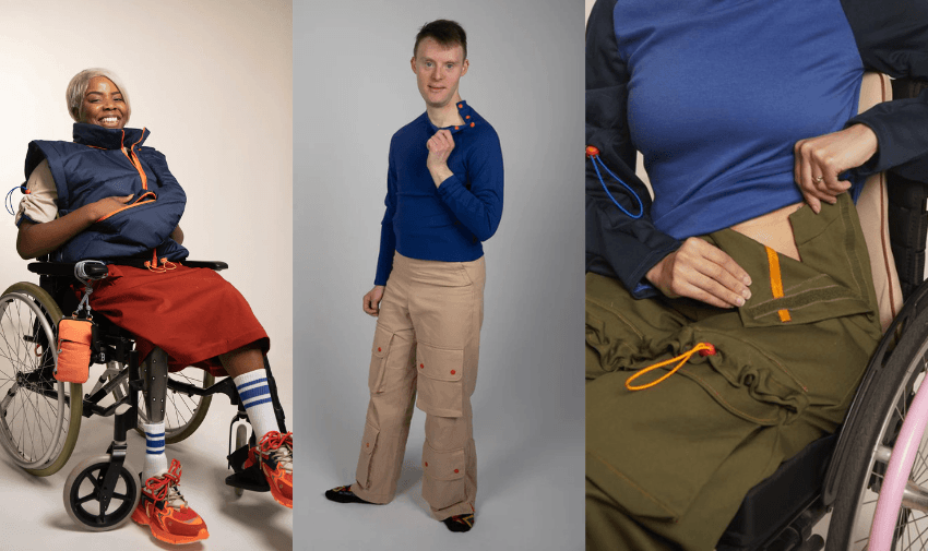 A smiling person in a wheelchair wearing a puffy vest, red skirt, and sneakers. Another person stands, holding a collar button, wearing a blue top and khaki pants. Close-up of hands adjusting an orange toggle on olive pants.