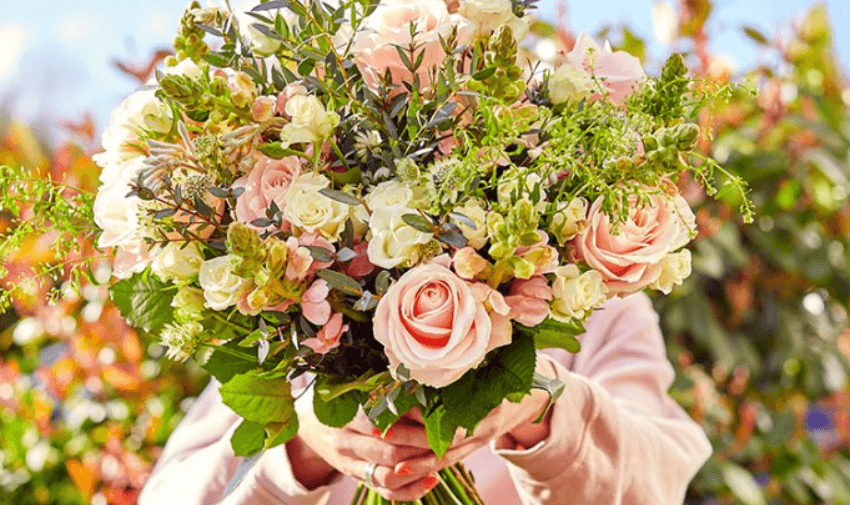 A bright spring bouquet of soft pink roses and white flowers held outdoors, showcasing fresh, natural beauty.